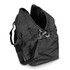 A black duffle bag with a large opening, featuring a detachable shoulder strap and a silver zipper.
