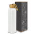 A drink bottle in white, featuring a bamboo lid and a woven handle, beside a decorative box.