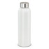 A drink bottle in a sleek white finish with a silver metal cap and a prominent logo.