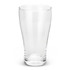 A clear glass beer glass with a tapered shape and a sturdy base, featuring a logo on the side.