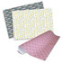 Personalised gift wrapping paper in pink and green patterns, featuring various decorative designs and a logo.