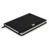 A black notebook with a textured cover, featuring a ribbon bookmark and a branding logo on the front.