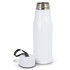 A drink bottle in sleek white, featuring a silver top and a black cap with a carrying strap.