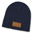 A navy blue cable knit beanie with a brown patch. The beanie has a textured pattern and is soft.
