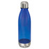 A drink bottle with a translucent blue body and a stainless steel base and cap, featuring a logo.