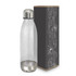 A drink bottle with a translucent body and silver cap, placed next to a decorative box featuring intricate designs.