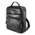 A black leather backpack with a top handle and a front pocket, featuring adjustable straps on the back.