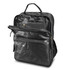 A black leather backpack featuring multiple compartments and a simple design, complete with a logo on the front.