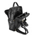 A black leather backpack with adjustable straps and multiple interior compartments. It features a logo.