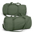 Two olive green canvas duffle bags with zipper closures and adjustable straps, featuring a logo on one bag.