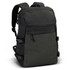 A dark green and black backpack with adjustable straps and a front pocket. It has a logo on the side.