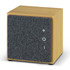 A bamboo Bluetooth speaker with a grey felt front, featuring simple volume controls and a modern cube design.