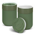 A green ceramic coffee cup set with a lid, featuring a smooth finish and simple design.
