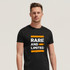 A black unisex T-shirt featuring a logo and text in white and orange that reads "RARE AND LIMITED."