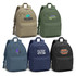 Five canvas backpacks in various colours: beige, green, teal, navy, and black. Each features a logo or branding.