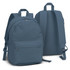 A blue canvas backpack with a front pocket and adjustable straps, featuring a logo on the front.