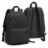 A black canvas backpack with adjustable straps and a simple, sleek design. It features a logo on the front.