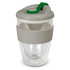 A drink bottle featuring a clear body with a grey lid and green handle, complete with a silicone grip.