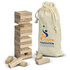 A wooden Mini Tumbling Tower game with stacked blocks and a storage bag featuring a logo.
