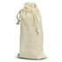 A cream-coloured drawstring bag made of fabric, featuring a tied closure at the top.