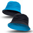 A reversible bucket hat featuring a vibrant blue side and a classic black side, with a logo on one side.