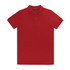 A red polo shirt with a classic collar and short sleeves, featuring a logo on the chest.