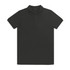 A black polo shirt features a classic collar and short sleeves, with a subtle logo on the chest.
