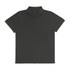 A black polo shirt with a classic collar and three-button placket, featuring a logo on the chest.
