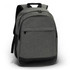A grey backpack with a front pocket, mesh side pockets, and a black base. It features a logo on the front.