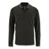 A long sleeve polo shirt in dark grey, featuring a collar and a logo on the neckline.