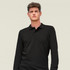 A black long sleeve polo shirt for men, featuring a collar and a branding logo.