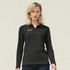 A black long sleeve polo shirt for women featuring a logo on the chest.