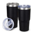 A drink bottle set featuring two black powder-coated tumblers with silver stainless steel accents and clear lids.
