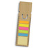 A bamboo ruler bookmark featuring a ruler and multicoloured sticky notes in orange, pink, green, and blue.