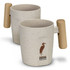 A beige coffee mug with a wooden handle and a logo on the front, featuring a speckled finish.