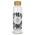 A drink bottle with a clear glass body and a bamboo lid, featuring a floral design and motivational text in black.