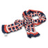 A patterned scarf in navy blue, orange, and white, featuring a geometric design. It has a logo on one side.