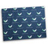 A navy blue scarf featuring a repeating pattern of green and white wings, with a brand logo.