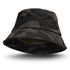 A camouflage bucket hat featuring dark green and black patterns, with a soft brim and inner lining.
