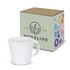 A white coffee mug next to a decorative box with a floral design and branding elements.