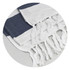 A cotton towel in navy blue and white with fringed edges, featuring a textured design and a logo.