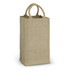A jute four bottle wine carrier in a natural beige colour with two sturdy handles. It features branding on the side.