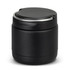 A drink bottle in sleek black, featuring a stainless steel lid and a smooth matte finish, with a logo.