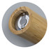 A bamboo pepper mill featuring a stainless steel grinding mechanism and smooth wooden finish. It has a logo inside.