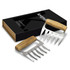 Two metal meat shredding claws with wooden handles, packaged in a sleek black box featuring a logo.