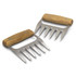 A pair of stainless steel meat shredding claws with wooden handles. They have a rugged design for easy gripping.