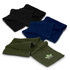 A collection of Denali scarves in black, navy, and olive green, featuring a logo on the olive scarf.