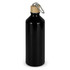 A drink bottle in sleek black with a wooden cap and a metal clip for easy carrying.