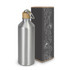 A drink bottle in silver aluminium with a bamboo cap, accompanied by a decorative box featuring intricate designs.