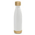 A drink bottle featuring a sleek white design with bamboo accents on the top and bottom. It has a logo.